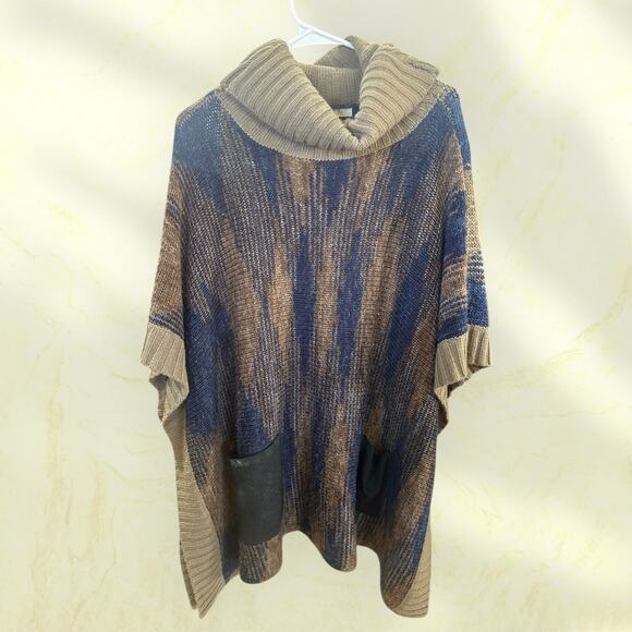 Ryu Cowl Neck Knit Poncho Sweater Women’s Small Brown Blue Boho Oversized - Picture 1 of 3